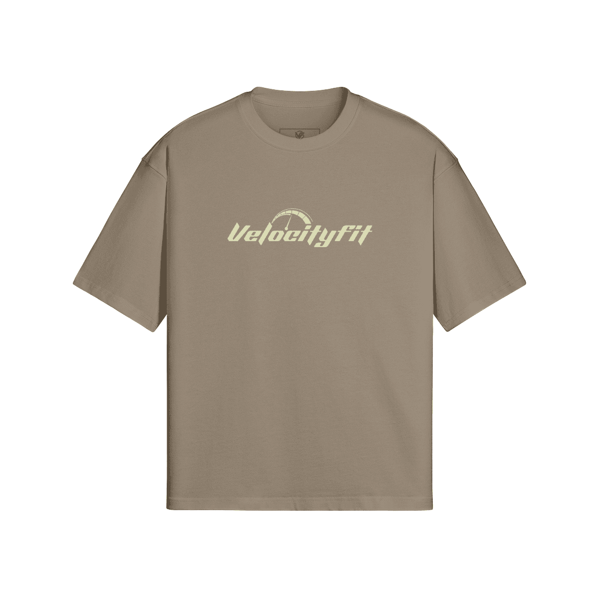 Beige graphic T-shirt with car and 'VelocityFit' logo for streetwear