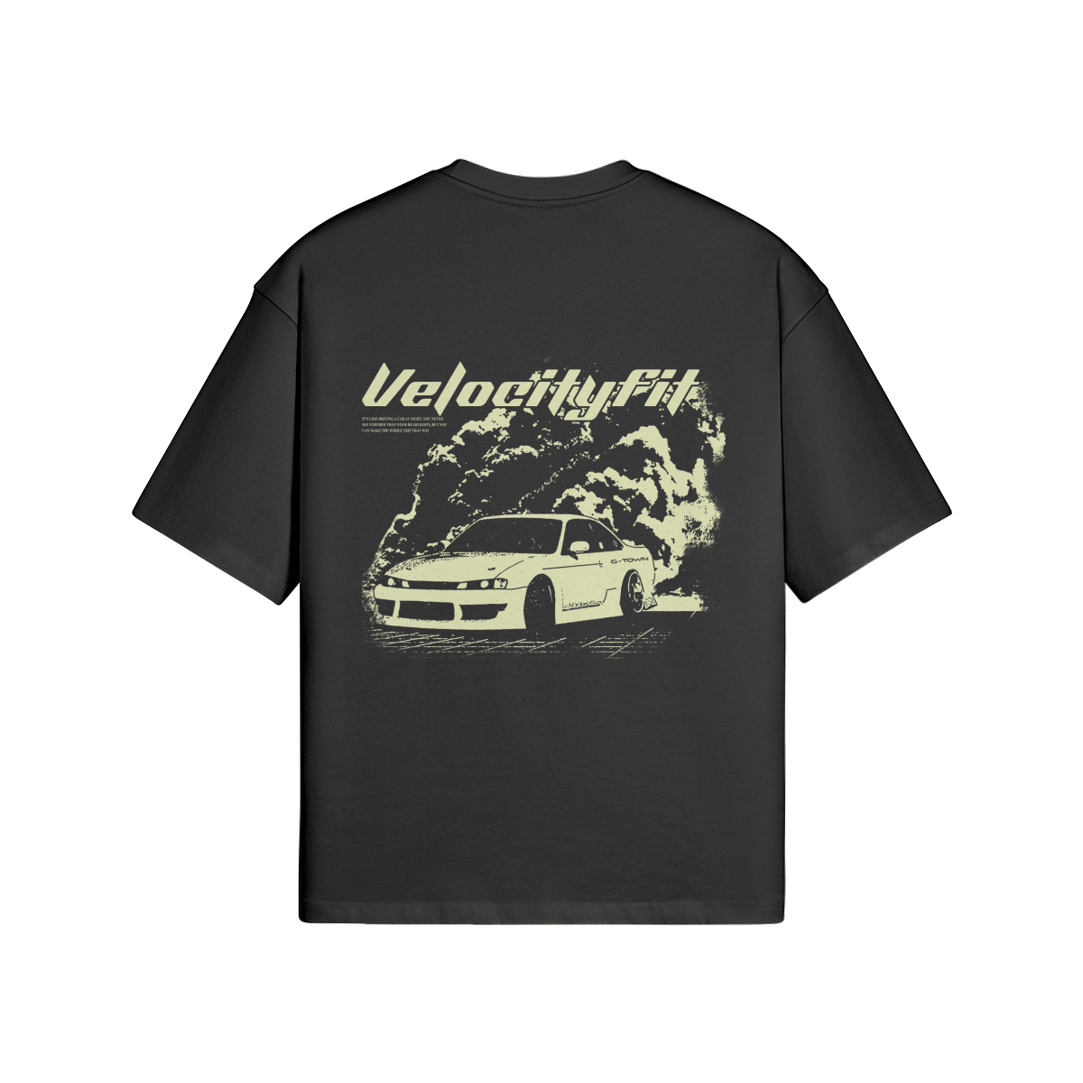 Dark green graphic T-shirt with car and 'VelocityFit' logo for streetwear